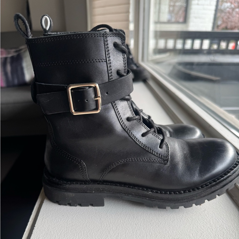 Black Leather Combat Boots with Buckle